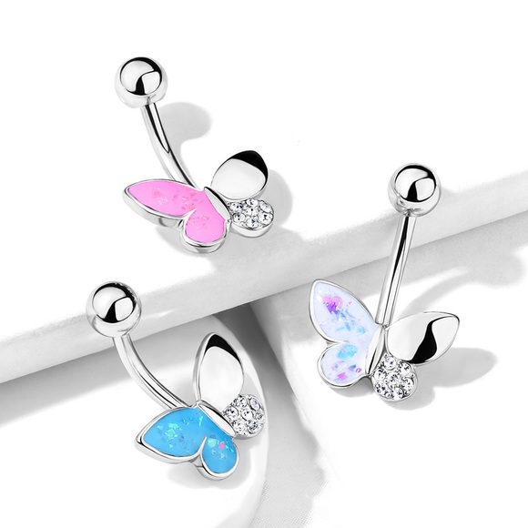 Butterfly Opal Glitter Crystal Paved Belly Ring - Picture 1 of 6